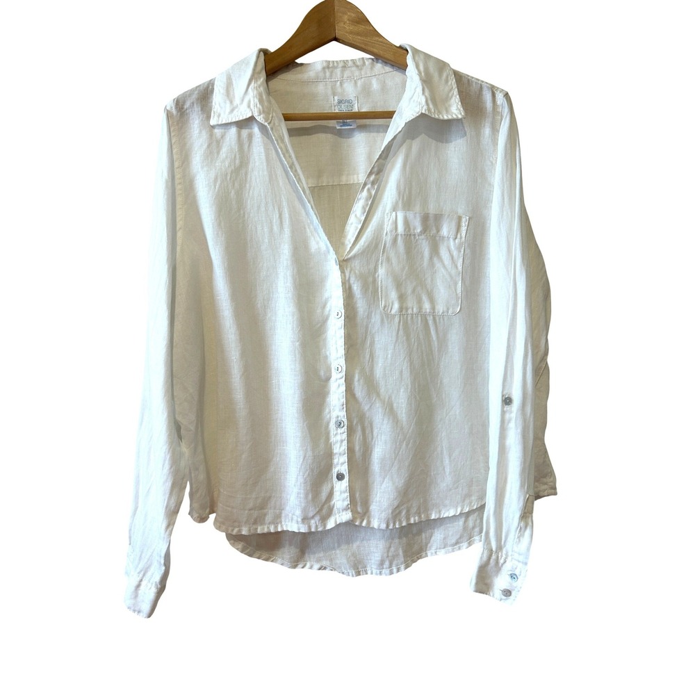 Sigrid Olsen Button Up Shirt Size L White 100% Linen Roll Tab Long Sleeve Beach